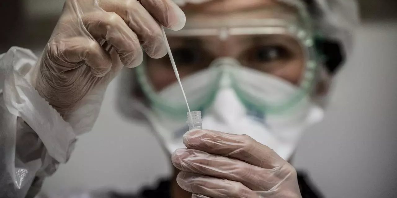 Une assistante médicale prélève un échantillon d'un patient lors d'un test dans un laboratoire d'analyse © Jeff Pachoud, AFP